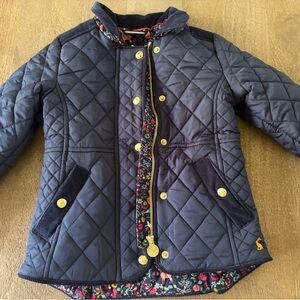 Joules Girls Navy Blue Quilted Puffer with Floral Accents